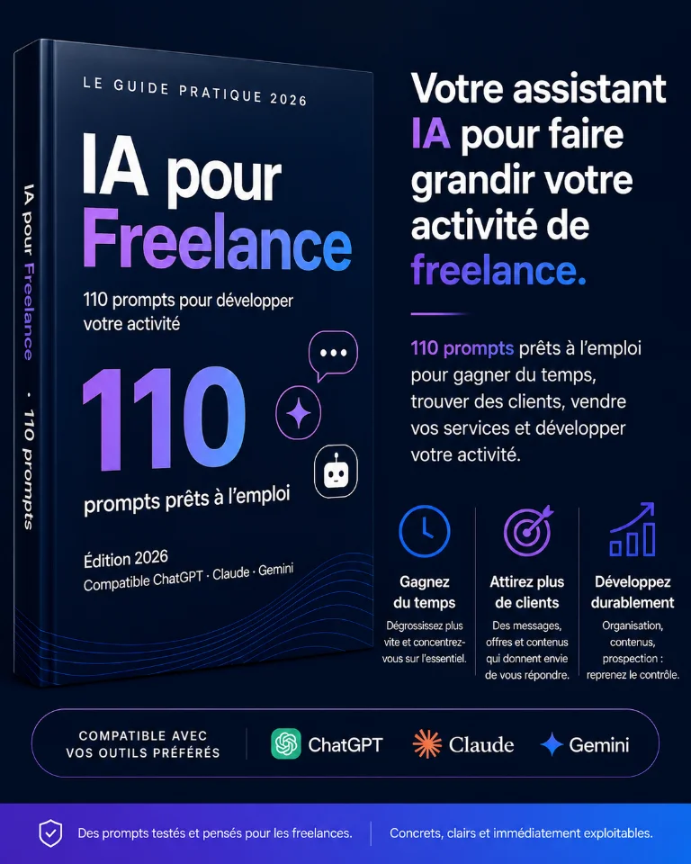 Couverture de l'e-book IA pour Freelance : 110 prompts prêts à l'emploi
